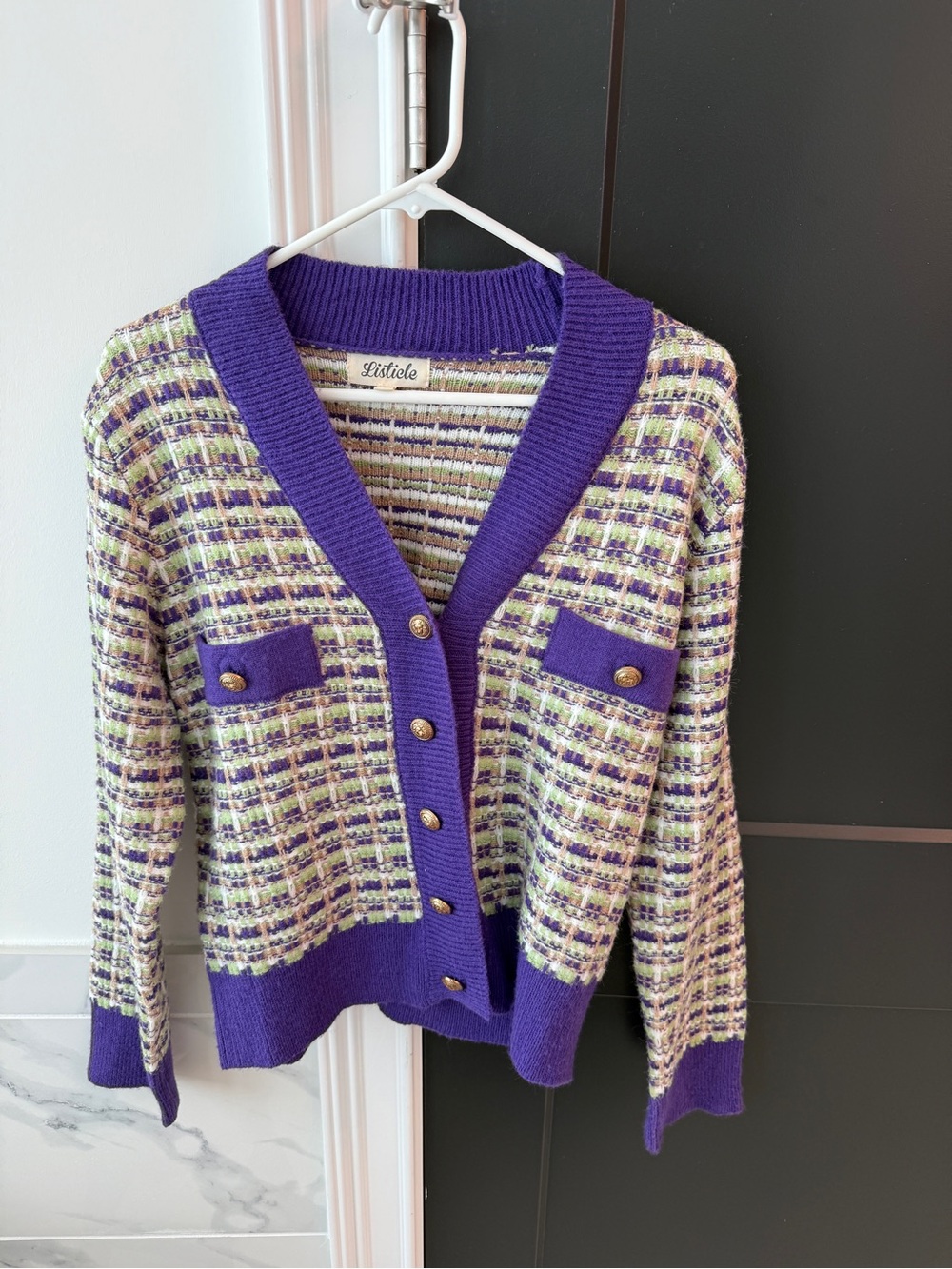 Listicle Purple Tweed Pocket Cardigan with Cream & Green Accents